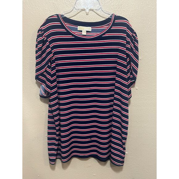 Michael Kors Navy‎ Red Striped Puff Sleeve Top Women’s XL Stretchy Casual - Picture 1 of 9